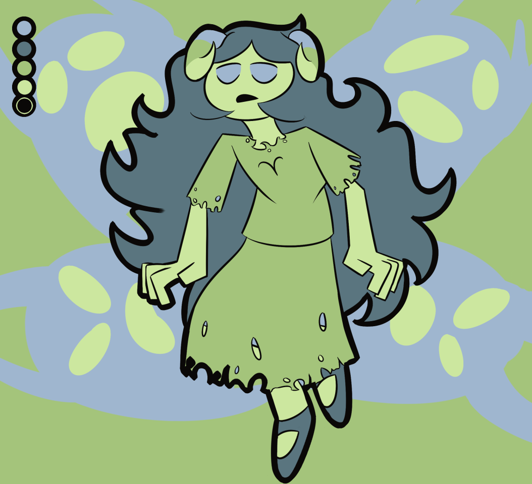 aradia megido digitally illustrated in an angular cartoon style, she's sullenly floating with four cartoon ghosts framed behind her.  her clothes are worn down & are tattered on the edges. 